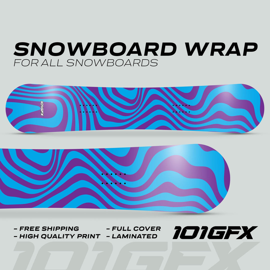 Snowboard Wrap WAVY CYAN PURPLE decals on two boards with vibrant graphics, promoting customization and protection; features free shipping, high-quality print, full coverage, and lamination.
