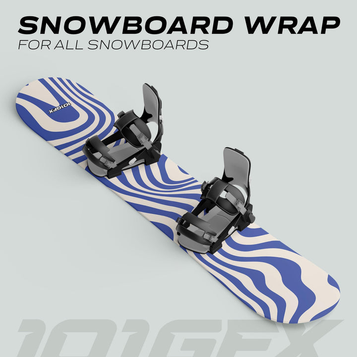 3D-render of a snowboard with black bindings, featuring a bold cream and royal blue wavy graphic, highlighting the Snowboard Wrap WAVY WHITE BLUE decal.