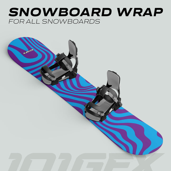 3D-rendered Snowboard Wrap WAVY CYAN PURPLE with vibrant blue-purple wavy pattern, black-gray strap bindings, on light gray background, showcasing customizable and durable decal.
