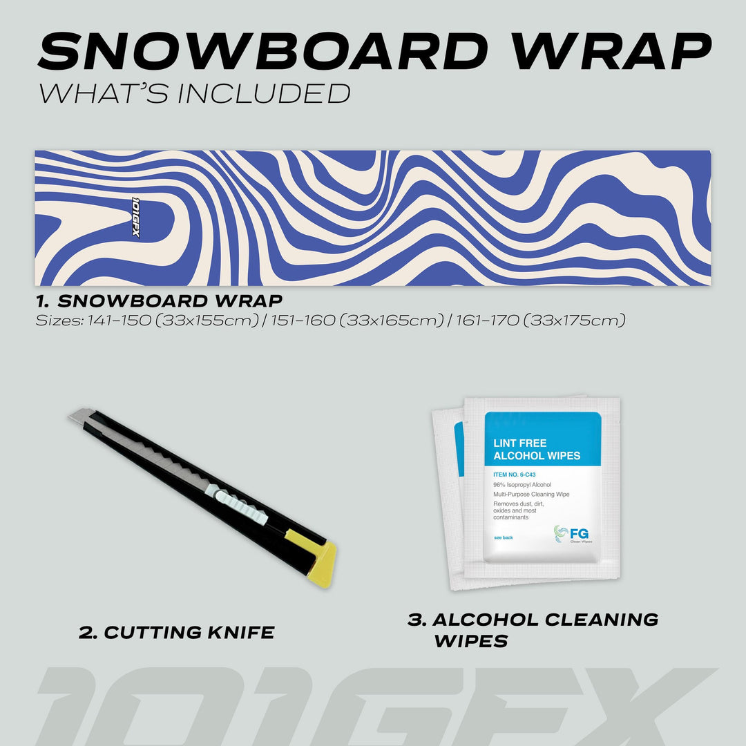 Snowboard Wrap WAVY WHITE BLUE kit with patterned wrap, utility knife, and cleaning wipes for easy snowboard customization and protection.