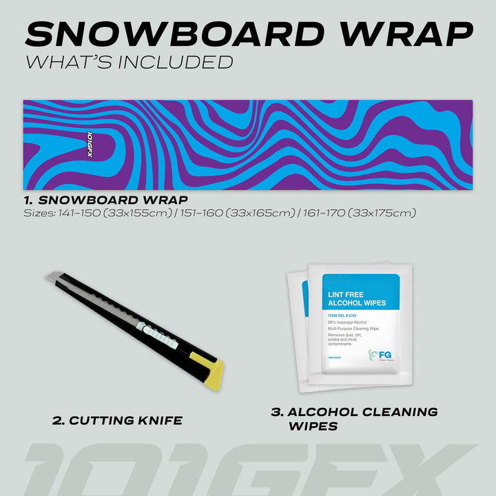 Snowboard Wrap WAVY CYAN PURPLE kit includes a snowboard wrap, retractable cutting knife, and cleaning wipes for easy application and protection.