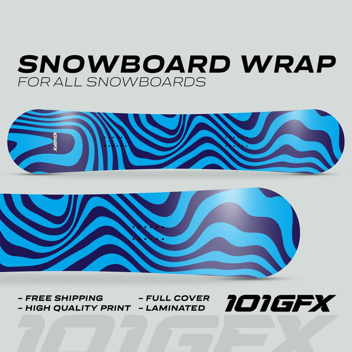 Snowboard Wrap WAVY CYAN NAVY covers a snowboard with a wavy, two-tone blue design, highlighting features like free shipping, high-quality print, laminated finish.