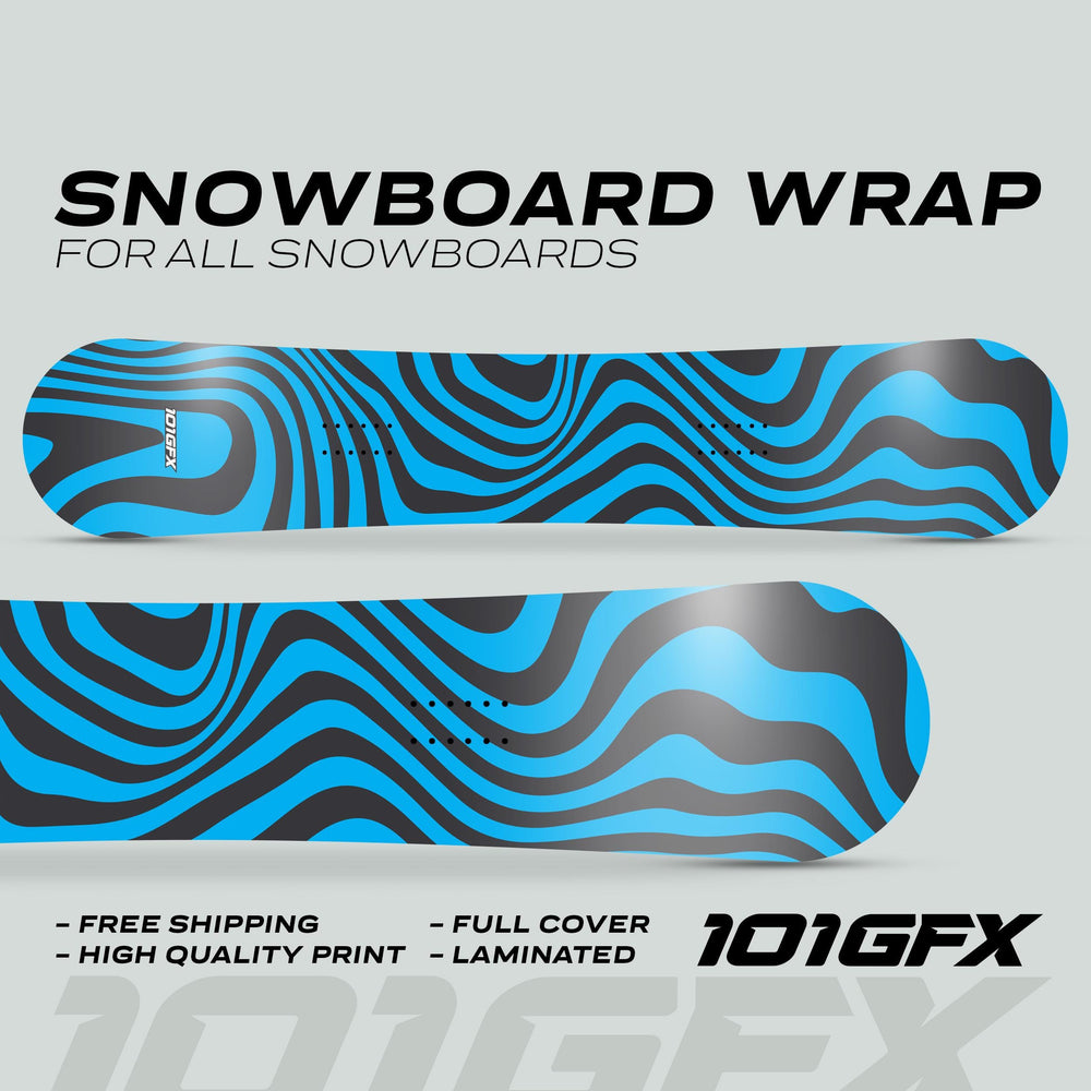 Snowboard Wrap WAVY CYAN BLACK decal kit featuring wavy black-and-blue stripes on snowboard outlines, includes selling points and 101GFX logo.
