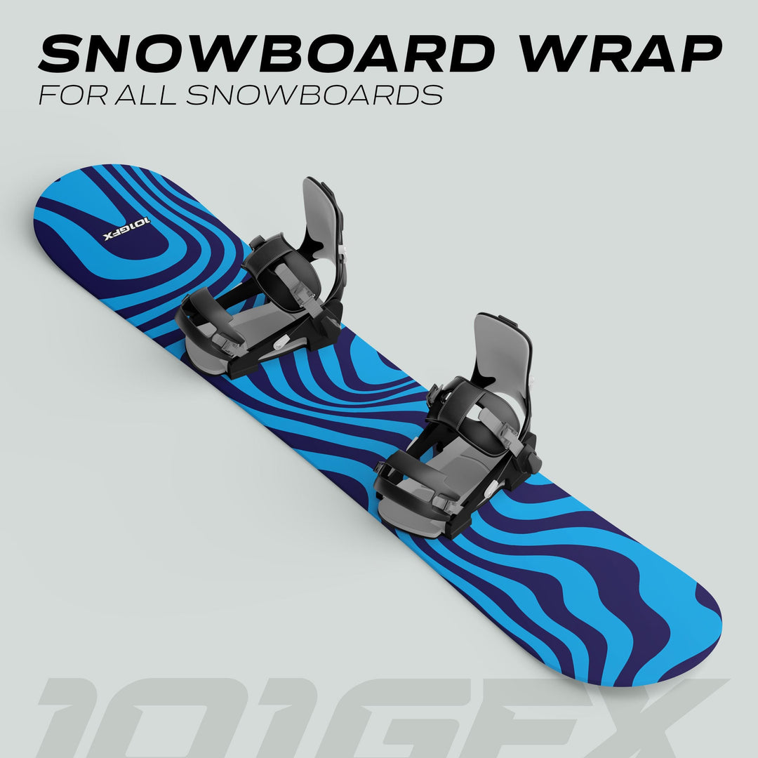 Snowboard with bindings featuring a wavy graphic pattern. Headline reads SNOWBOARD WRAP, promoting the Snowboard Wrap WAVY CYAN NAVY sticker skin decals for personalization and protection.
