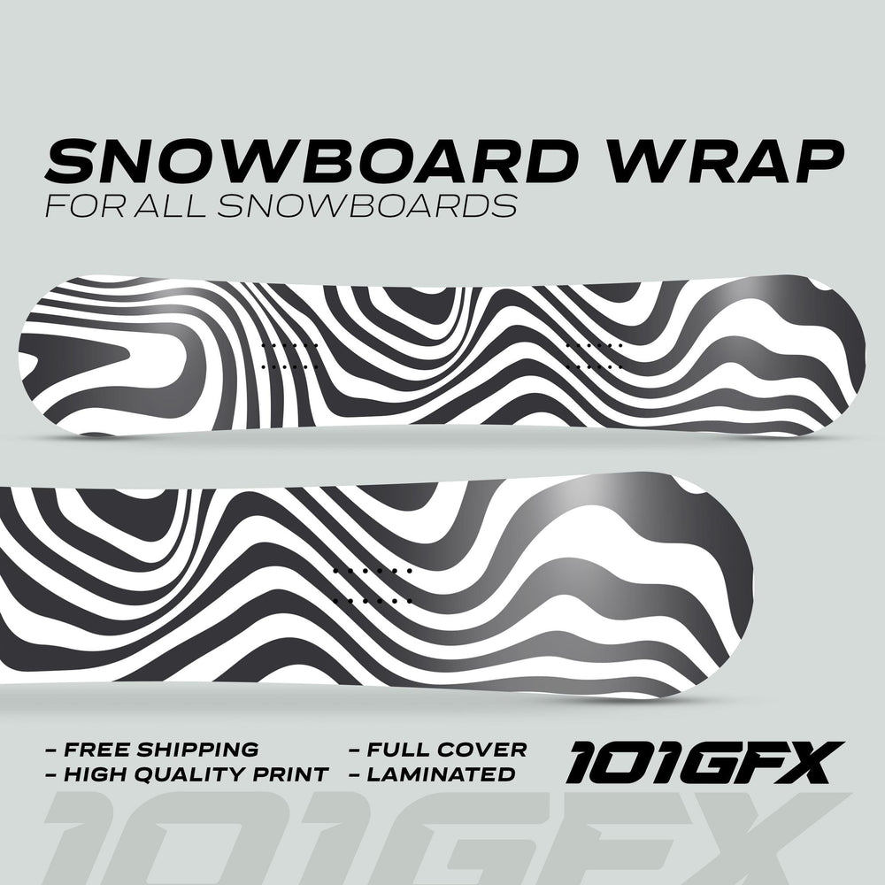 Snowboard Wrap WAVY BLACK WHITE on two boards, featuring a bold stripe pattern. Highlighted benefits: Free Shipping, High Quality Print, Full Cover, and Laminated.