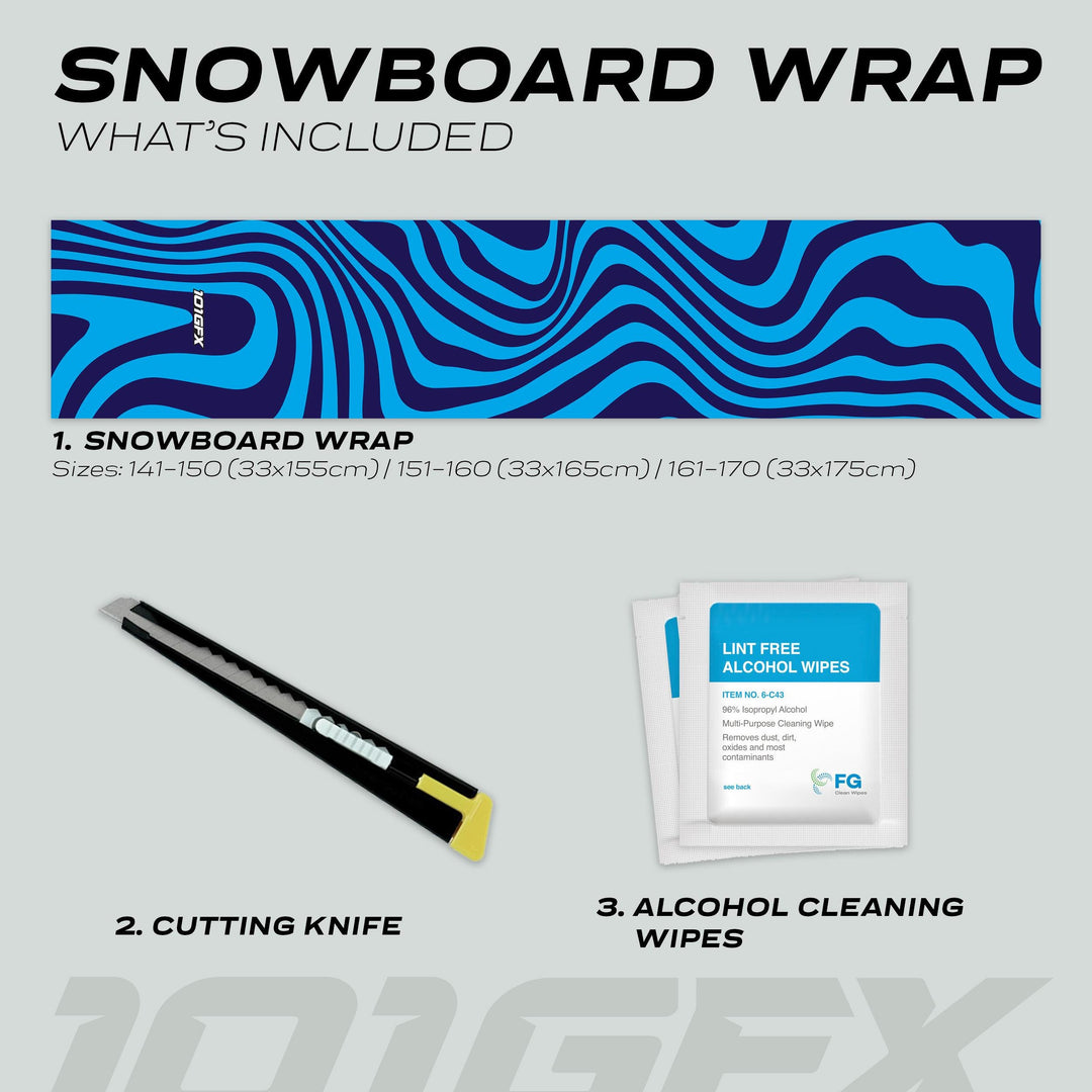 Snowboard Wrap WAVY CYAN NAVY kit with vinyl wrap, retractable cutting knife, and cleaning wipes for customizing and protecting your snowboard.