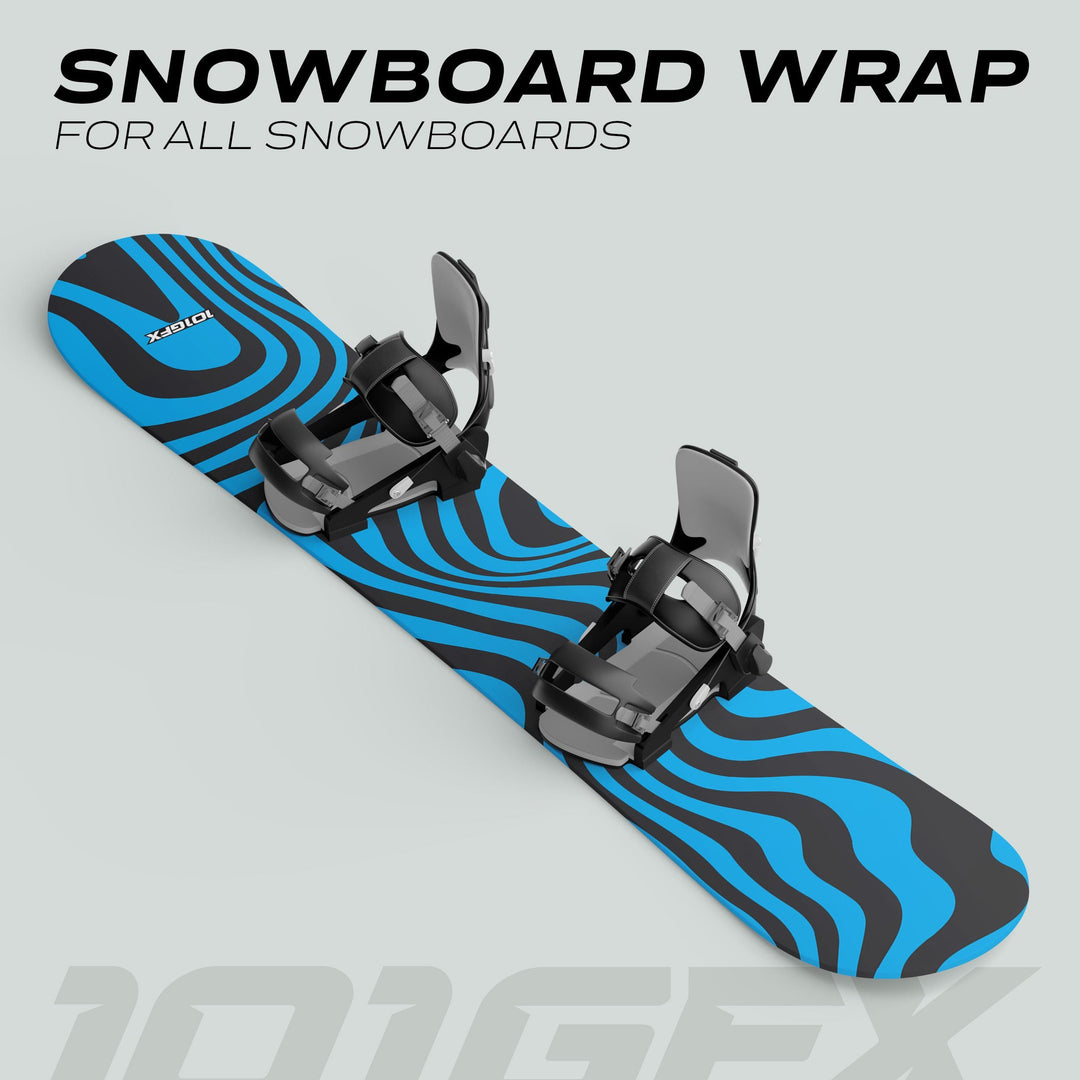 Snowboard with Snowboard Wrap WAVY CYAN BLACK, featuring bold blue-and-black stripes, black bindings, and 10IGFX logo, showcasing a stylish snowboard decal.