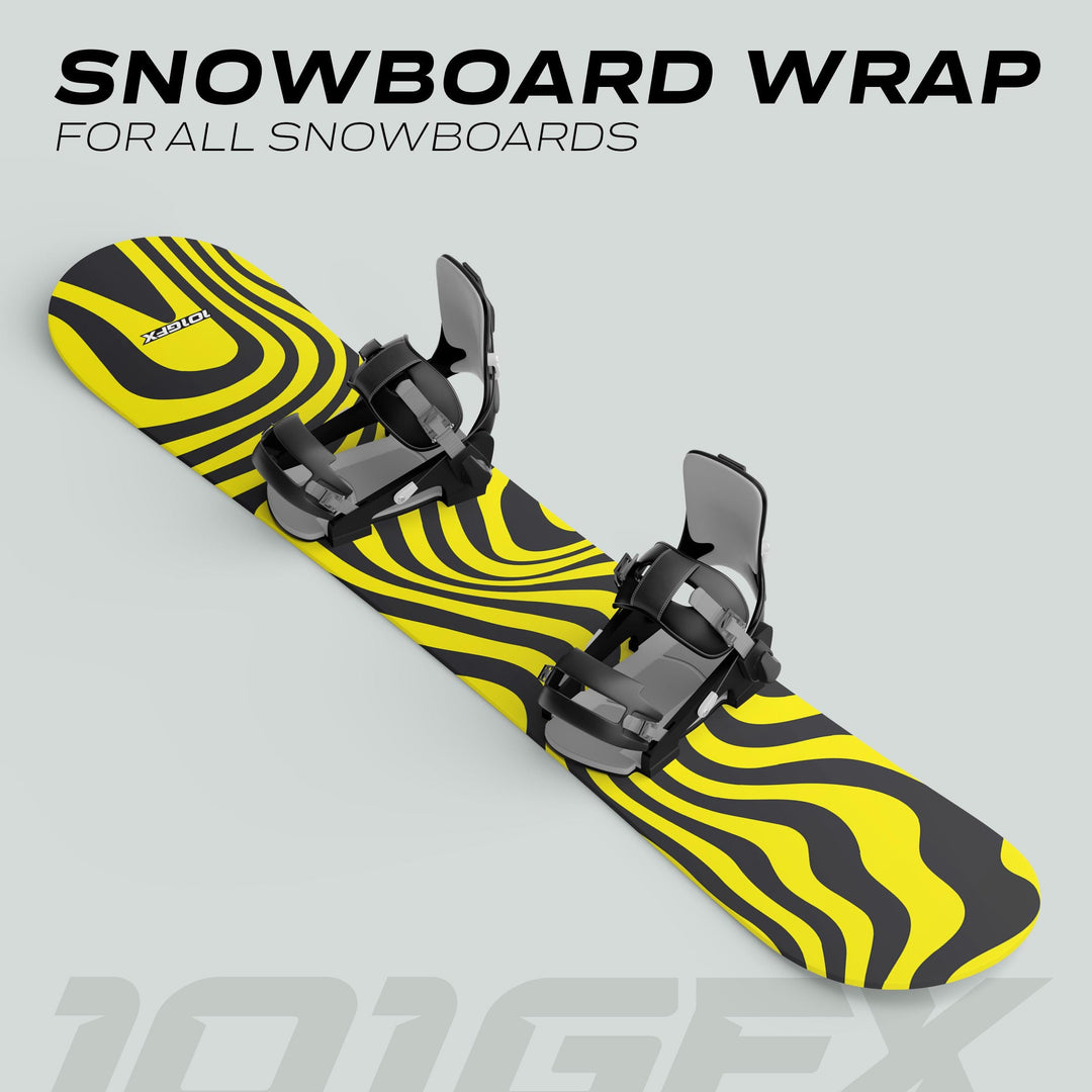 Snowboard Wrap WAVY BLACK YELLOW, showcasing bold wavy stripes in yellow and black with bindings, exemplifying customizable, protective snowboard sticker skins for style and durability.