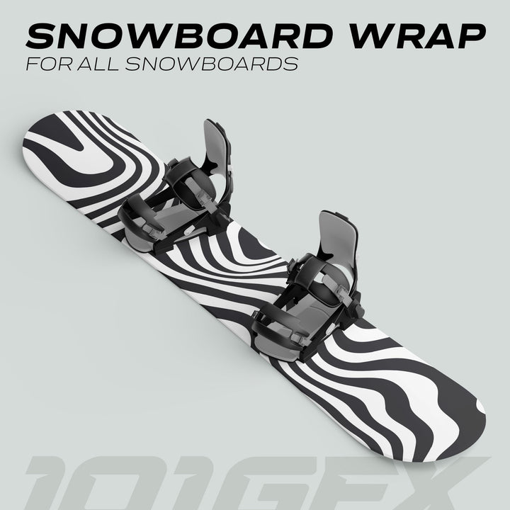 Snowboard Wrap WAVY BLACK WHITE on display, featuring a bold zebra-stripe design with black bindings, highlighting its custom fit and durable material for stylish protection.