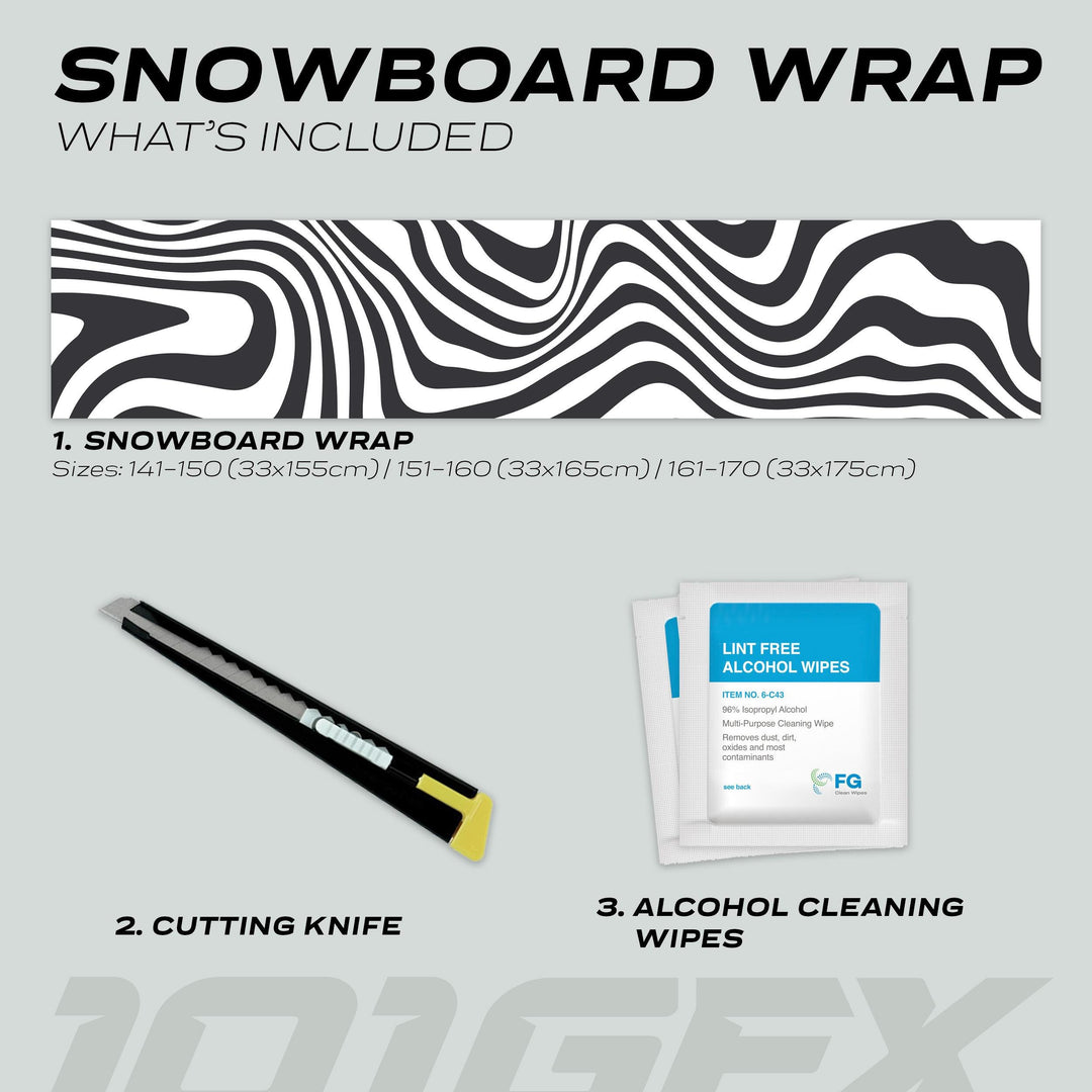 Snowboard Wrap WAVY BLACK WHITE kit with vinyl wrap in three lengths, utility knife, and cleaning wipes for easy, stylish board customization.