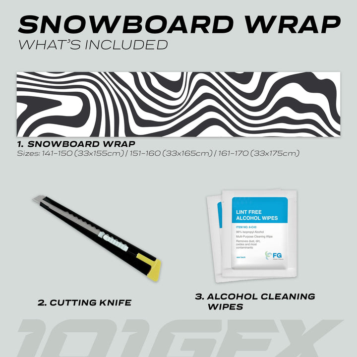Snowboard Wrap WAVY BLACK WHITE kit with vinyl wrap in three lengths, utility knife, and cleaning wipes for easy, stylish board customization.