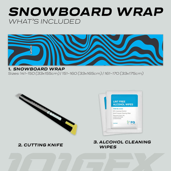 Snowboard Wrap WAVY CYAN BLACK kit includes a vinyl wrap, cutting knife, and cleaning wipes for customizing and protecting your snowboard.