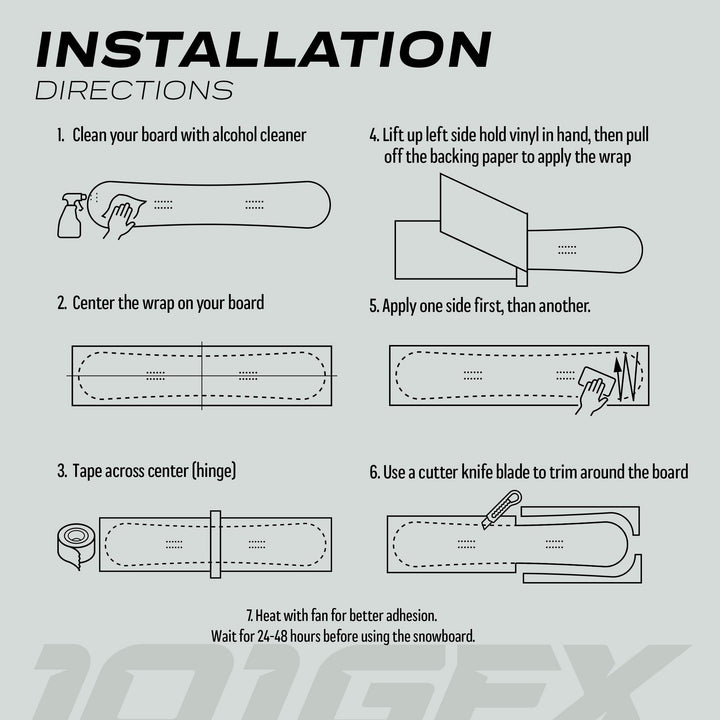 Installation guide for applying Snowboard Wrap WAVY BLACK WHITE: 7-step process with illustrations showing cleaning, centering, taping, applying, smoothing, trimming, and heating for optimal adhesion.