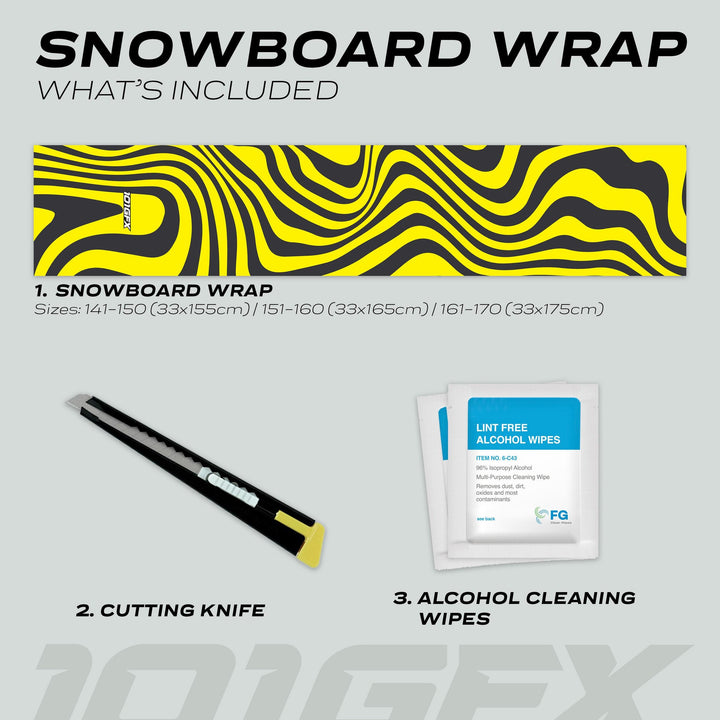Snowboard Wrap WAVY BLACK YELLOW kit: includes wrap for 141–170 cm boards, utility knife, and alcohol wipes for easy application and protection.