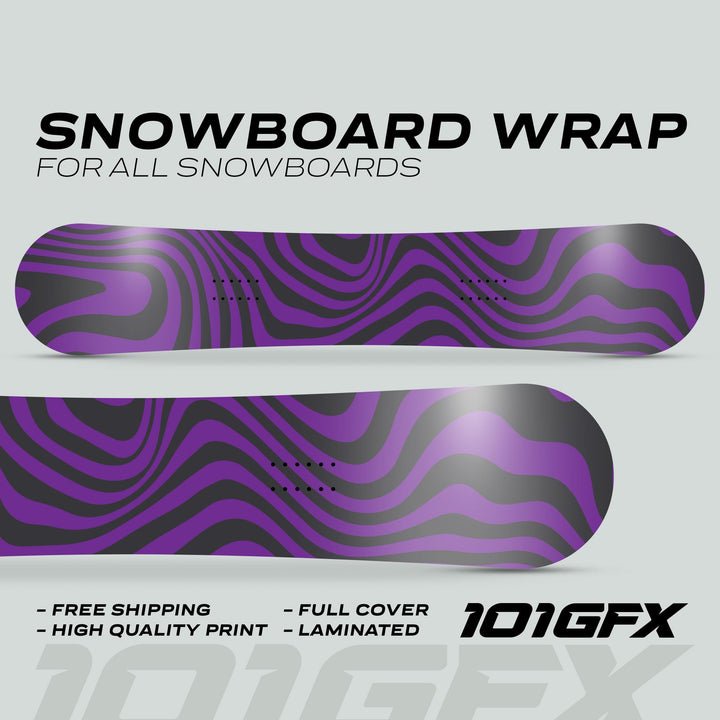 Snowboard Wrap WAVY BLACK PURPLE stickers showcasing a purple-dark-gray wavy design on top and bottom. Includes features: free shipping, high-quality print, full cover, laminated. 101GFX branding.