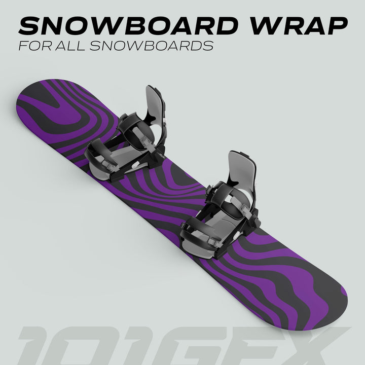 Snowboard Wrap WAVY BLACK PURPLE with bindings, featuring a purple-and-black abstract design, promotes custom vinyl decals for enhanced aesthetics and protection on any snowboard.