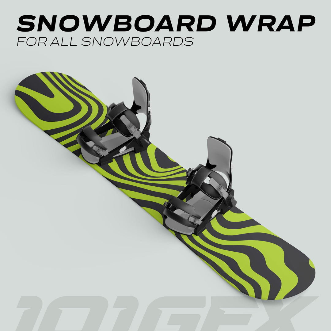Snowboard Wrap WAVY BLACK GREEN: A snowboard with bold wavy lime green and dark gray design, complete with bindings, promoting stylish, custom-fit durability for snowboards.