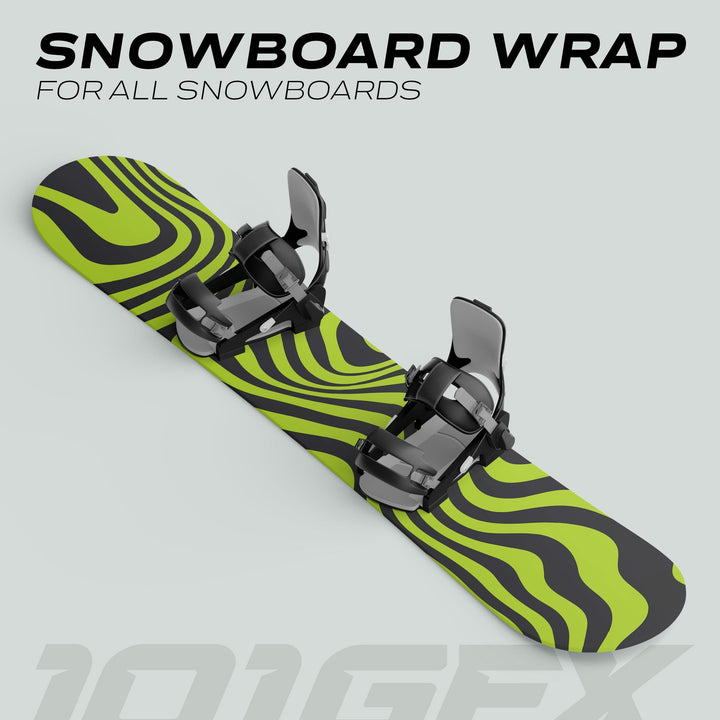 Snowboard Wrap WAVY BLACK GREEN: A snowboard with bold wavy lime green and dark gray design, complete with bindings, promoting stylish, custom-fit durability for snowboards.