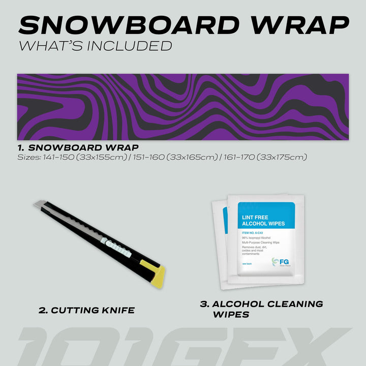 Snowboard Wrap WAVY BLACK PURPLE kit includes a purple and black wrap, utility knife for trimming, and cleaning wipes for board preparation.