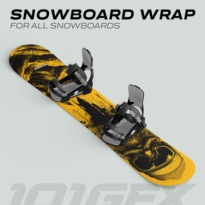 Snowboard Wrap SNOWER YELLOW: 3-D mock-up featuring abstract paint-splatter design, animal-skull motif, black bindings, promoting stylish snowboard protection and personalization.
