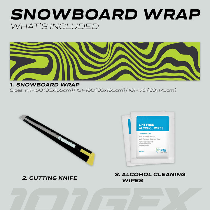 Snowboard Wrap WAVY BLACK GREEN kit with a green-black wrap, cutting knife, and cleaning wipes; available in sizes 141–170 cm for personalized snowboard styling.
