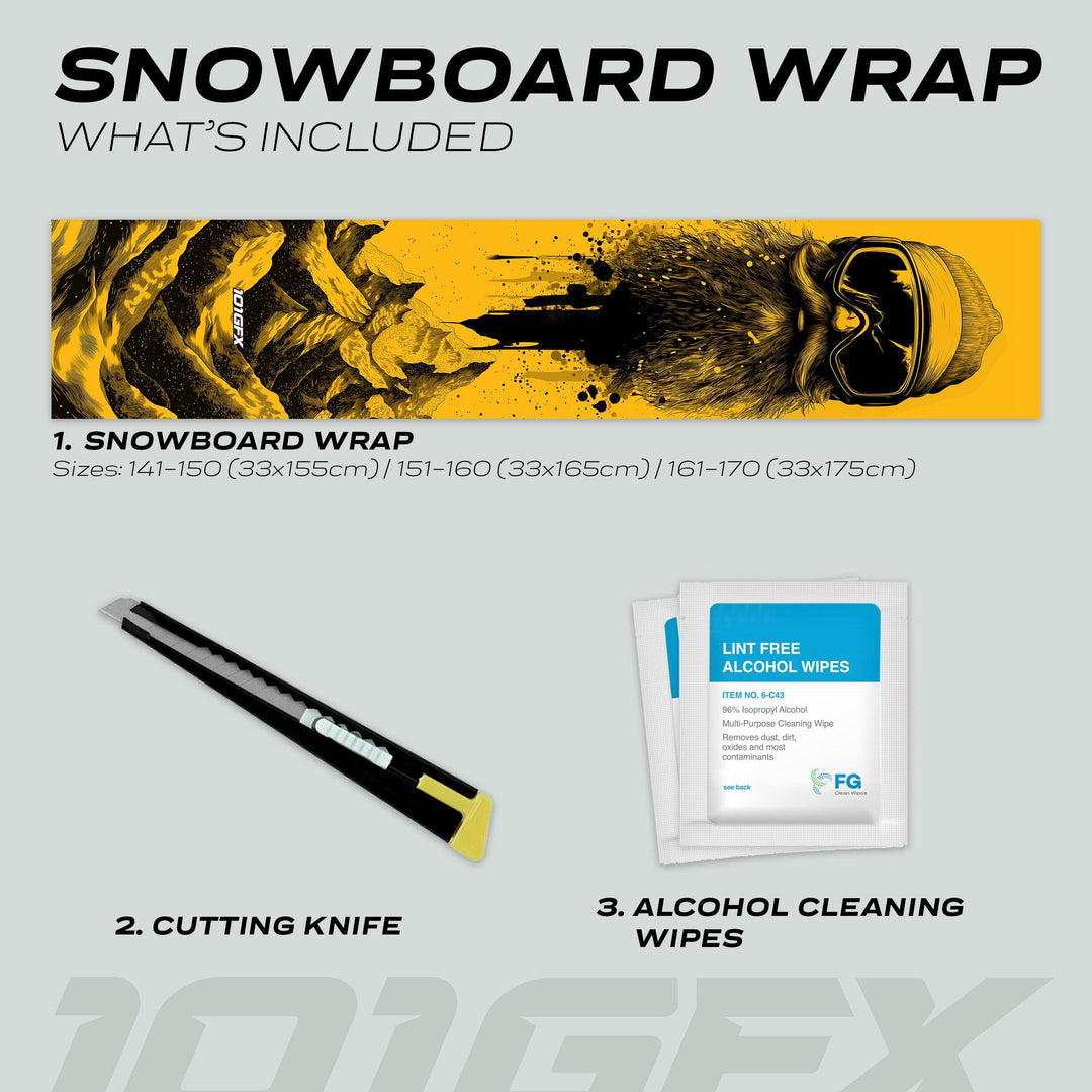 Snowboard Wrap SNOWER YELLOW: Includes a graphic wrap with bearded face design, cutting knife, and cleaning wipes for a stylish snowboard upgrade.