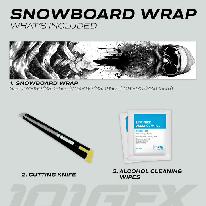 Snowboard Wrap SNOWER WHITE BLACK kit: includes snowboard wrap with mountain-bearded face design, utility knife, and cleaning wipes for easy application. Available in three sizes.