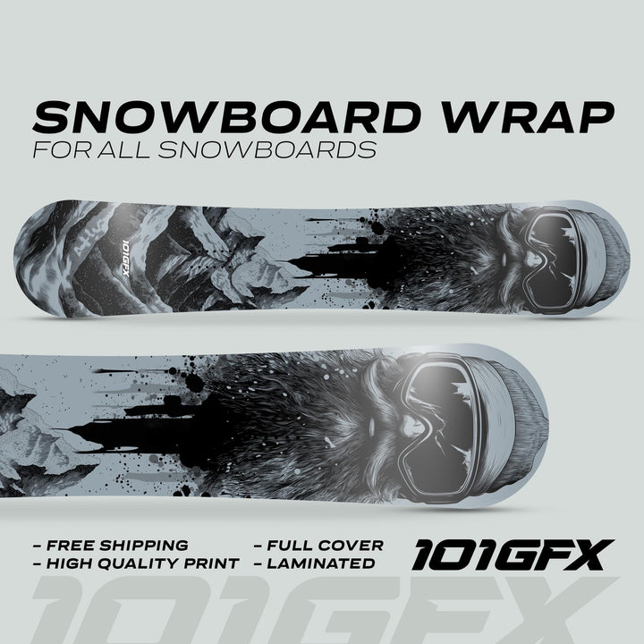 Snowboard Wrap SNOWER GREY graphics on two boards with mountain-to-bearded-face design, featuring “Free Shipping,” “High Quality Print,” and “Laminated” details.