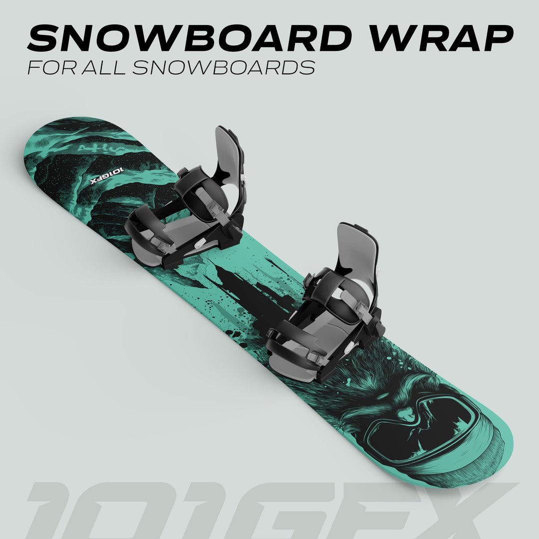 Snowboard Wrap SNOWER MINT: Teal and black wrap with abstract splash and animal face graphic; fits all snowboards, durable and easy to apply.