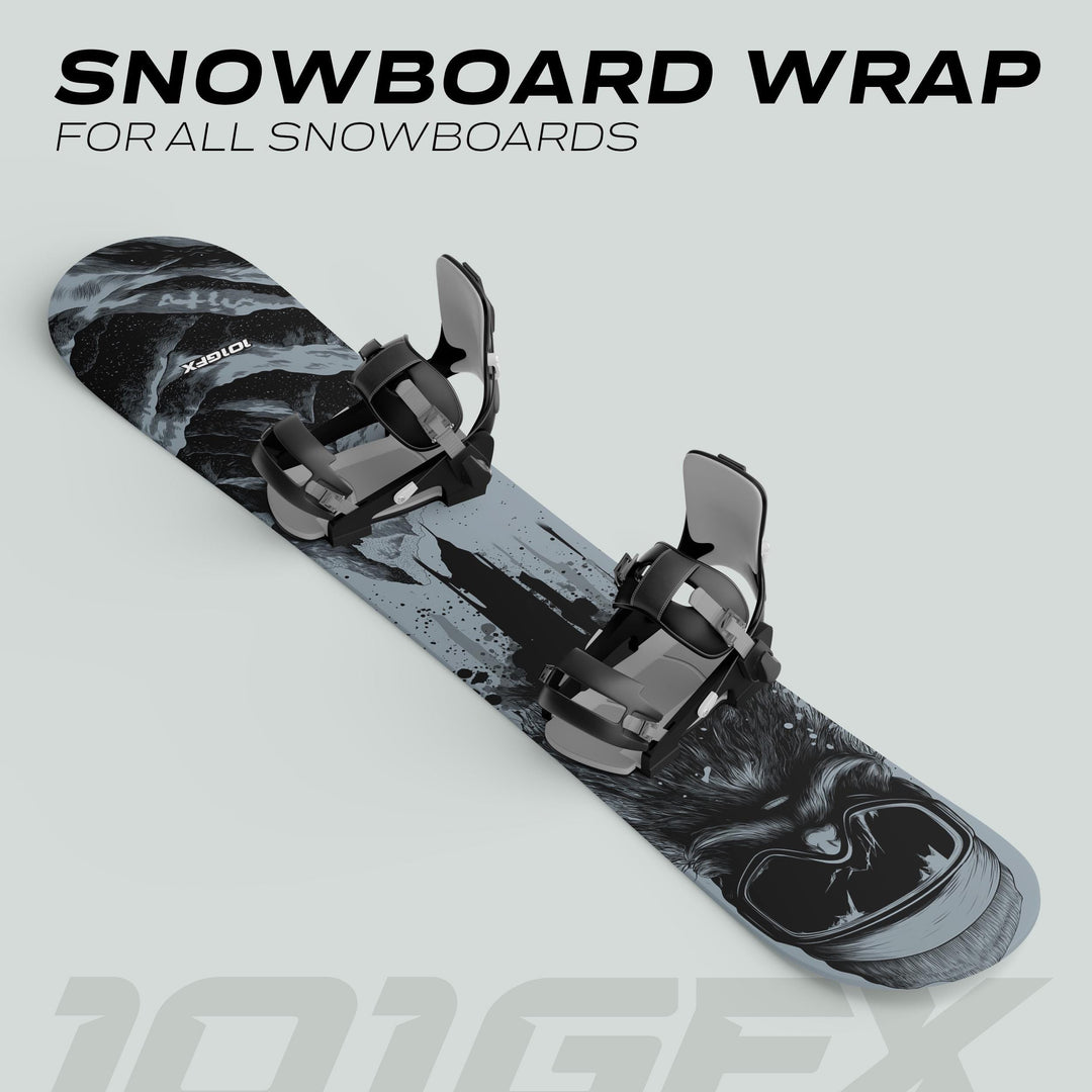 Snowboard Wrap SNOWER GREY with bindings, featuring a stylized animal graphic. Ideal for customization, offering durability and easy application on standard snowboards.