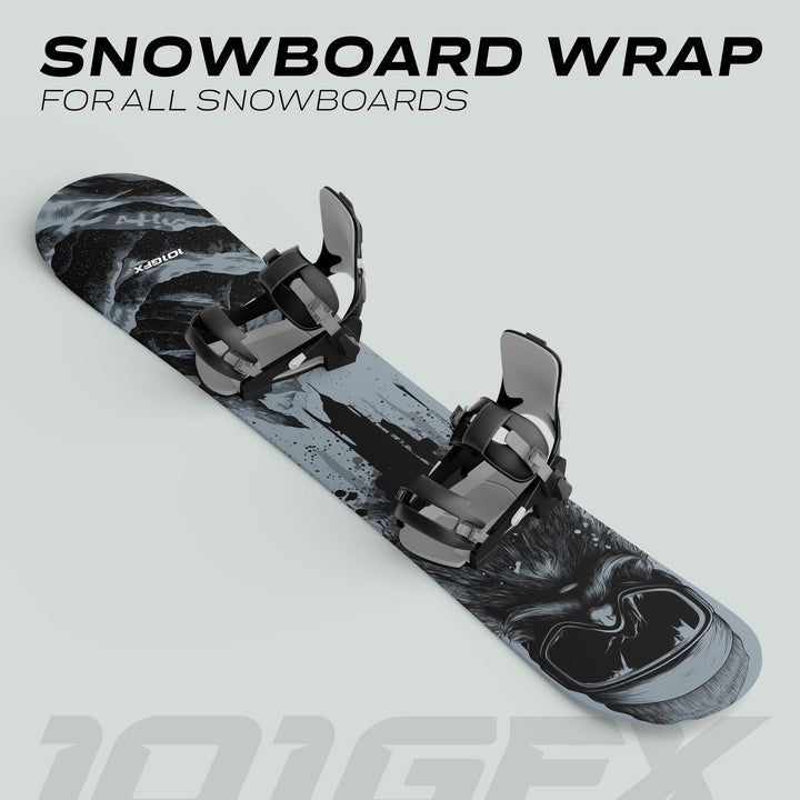 Snowboard Wrap SNOWER GREY with bindings, featuring a stylized animal graphic. Ideal for customization, offering durability and easy application on standard snowboards.