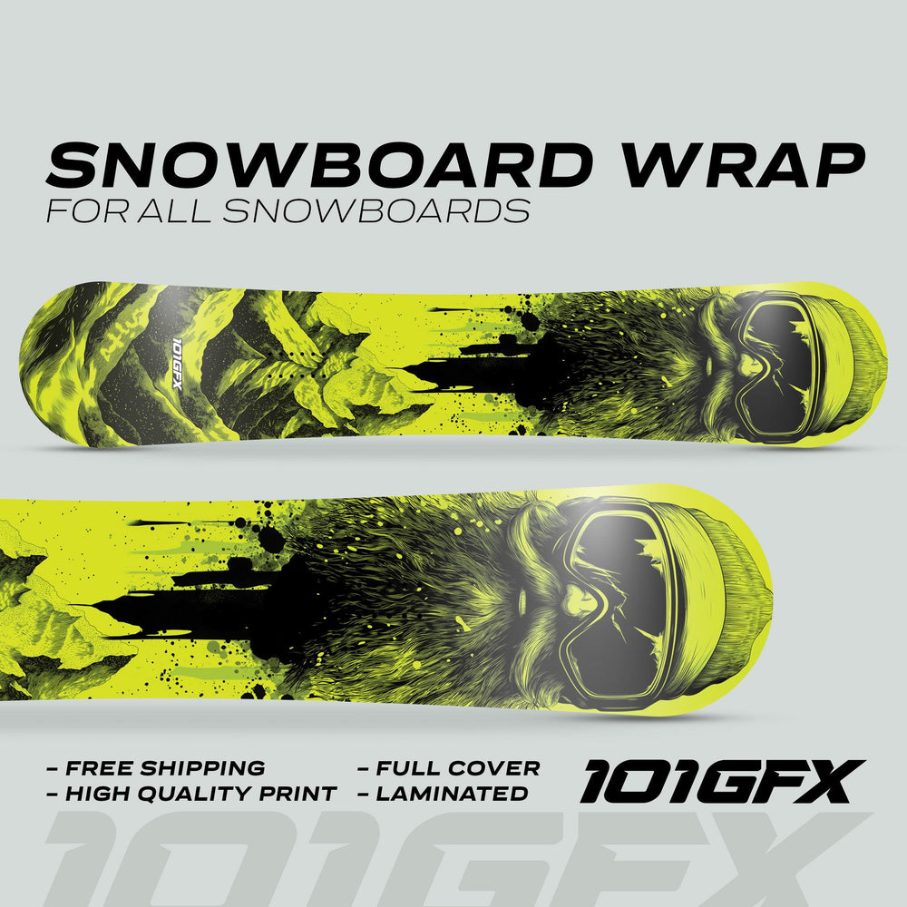 Snowboard Wrap SNOWER GREEN featuring neon yellow and black graphics with mountain peaks and a bearded rider. Offers full coverage and durability for all snowboards.