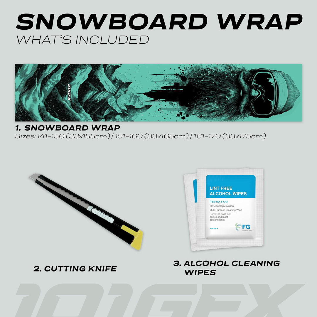 SNOWER MINT Snowboard Wrap kit: includes a teal-and-black design wrap, utility knife, and cleaning wipes, ensuring a stylish, custom fit for your snowboard.