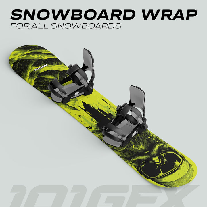 Snowboard Wrap SNOWER GREEN featuring neon-lime abstract graphics and face motif with black bindings, showcasing customizable, durable snowboard skin for style and protection.