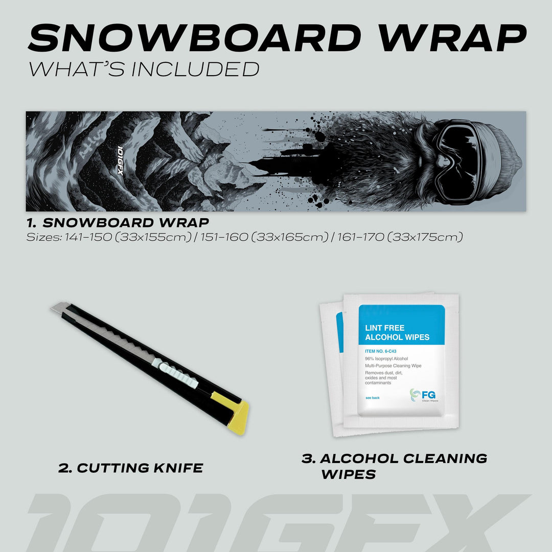 Snowboard Wrap SNOWER GREY kit includes a snowboard vinyl wrap, snap-off utility knife, and lint-free alcohol cleaning wipes for easy application and protection.