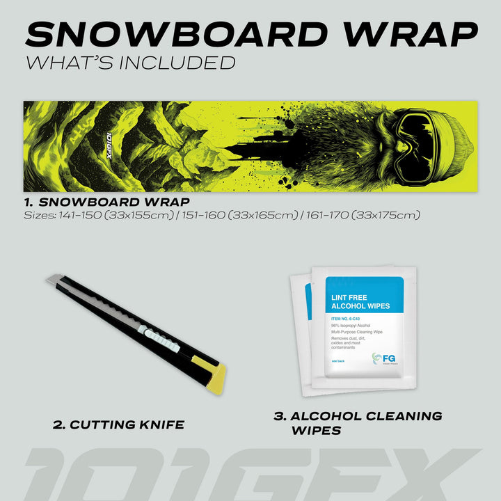 Snowboard Wrap SNOWER GREEN kit includes a vibrant wrap, utility knife, and cleaning wipes, enhancing snowboard style and protection.