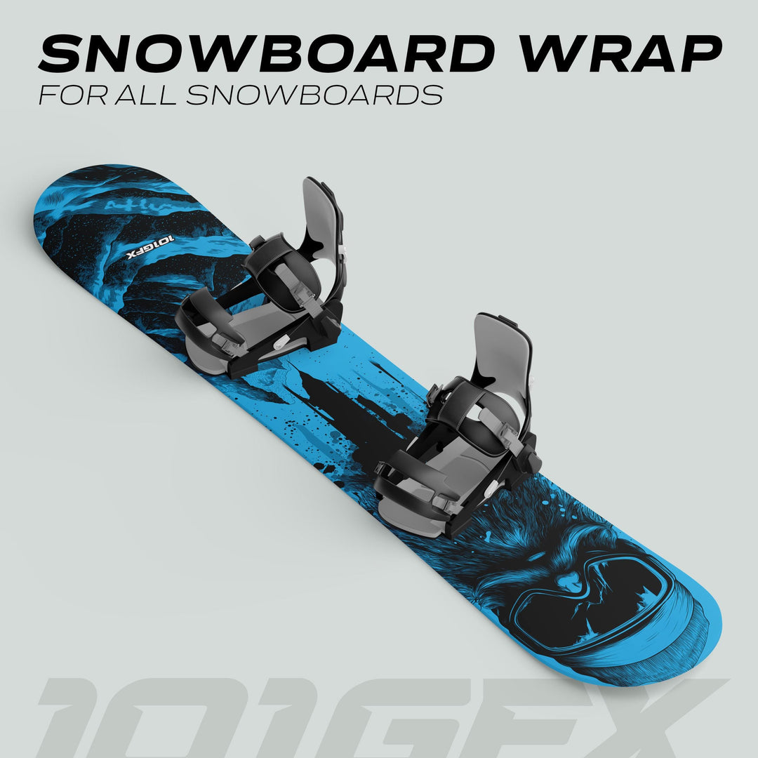 Snowboard with black bindings features Snowboard Wrap SNOWER CYAN, showcasing a stylized ape in ski goggles, emphasizing vibrant design and protective vinyl material.
