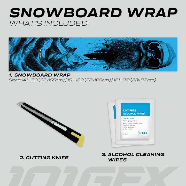 Snowboard Wrap SNOWER CYAN kit showing vinyl wrap in three lengths, cutting knife, and cleaning wipes for custom snowboard design and protection.