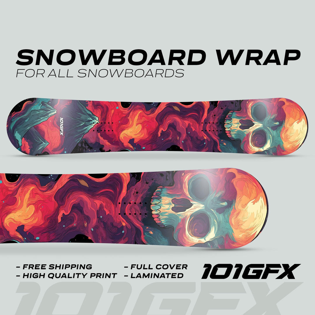 Snowboard Wrap MOUNTAIN SOUL decals showcase vibrant designs with a stylized skull, enhancing board appearance and protection. Includes free shipping, high quality, and easy application.