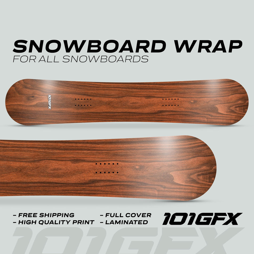Snowboard Wrap WOOD WALNUT Snowboard sticker skin decals, showcasing elegant wood-grain print on two flat snowboards, emphasizing uniqueness, durability, and easy application.
