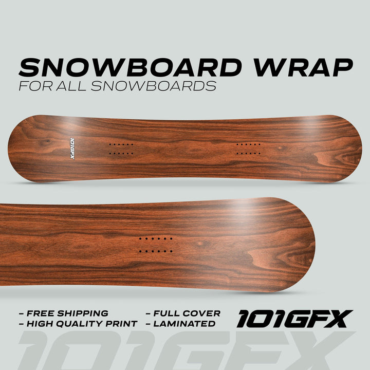 Snowboard Wrap WOOD WALNUT Snowboard sticker skin decals, showcasing elegant wood-grain print on two flat snowboards, emphasizing uniqueness, durability, and easy application.
