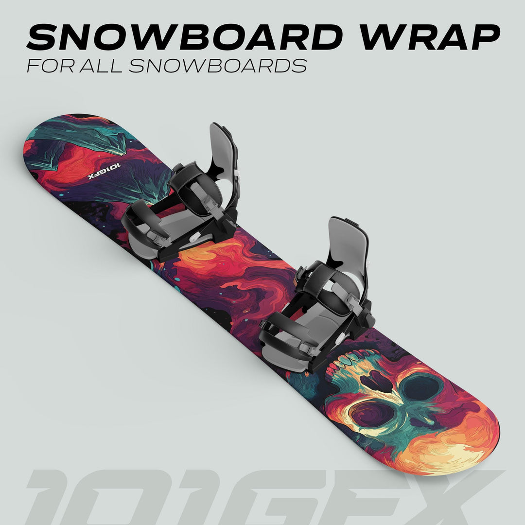 Snowboard Wrap MOUNTAIN SOUL sticker skin decals, featuring a vivid abstract design with black bindings; promotes style and protection for all snowboards.