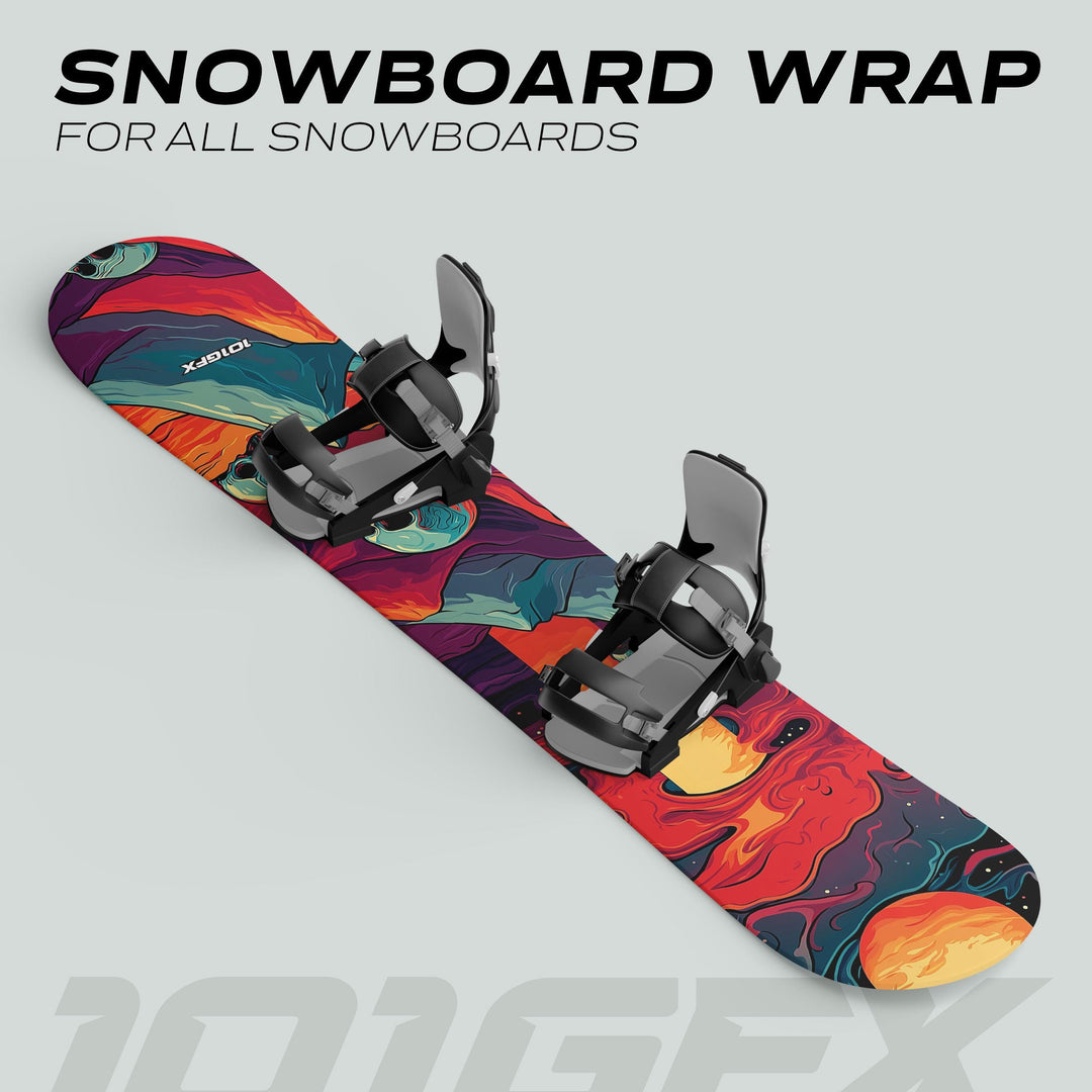 Snowboard Wrap MOUNTAIN SKULLS with cosmic graphic on freestyle snowboard, enhancing style and protection. SNOWBOARD WRAP text above, FOR ALL SNOWBOARDS below.