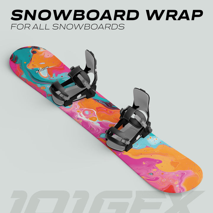 Snowboard Wrap FLUID PINKY with vibrant marbled design and attached bindings, showcased as a customizable, protective decal for snowboards.