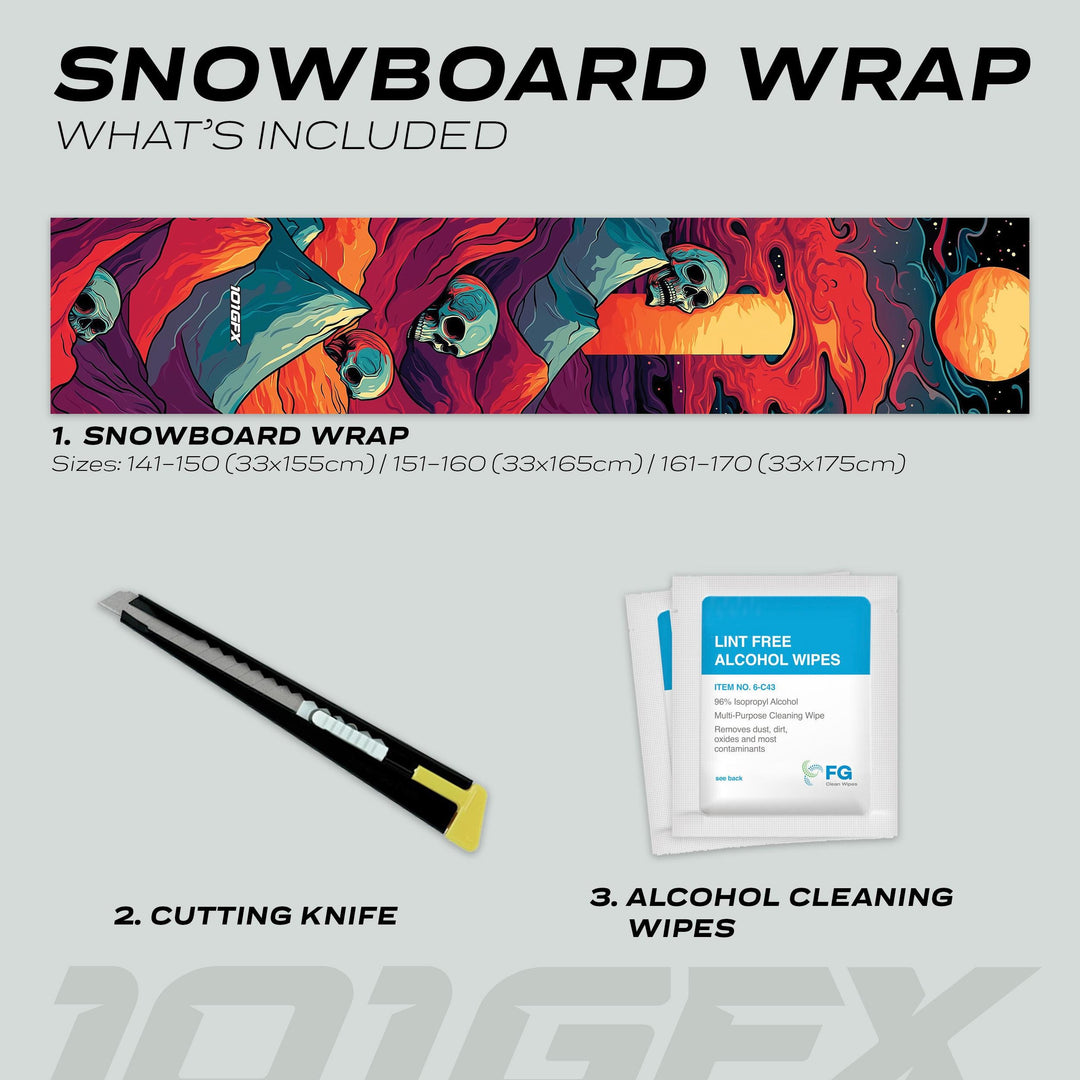 Snowboard Wrap MOUNTAIN SKULLS kit showcasing wrap sizes, retractable knife, and cleaning wipes for custom snowboard protection and style enhancement.