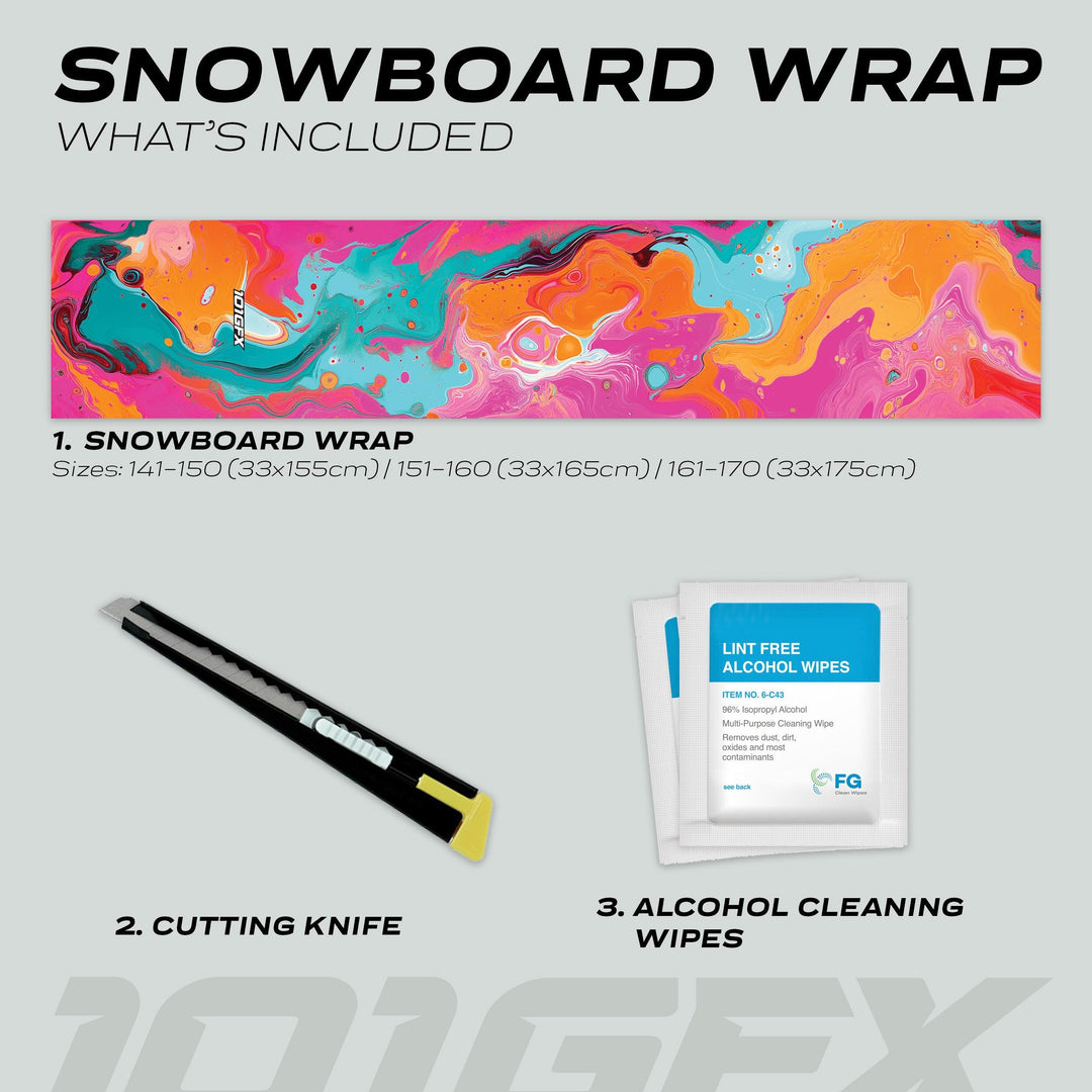 Snowboard Wrap FLUID PINKY kit includes vibrant vinyl wrap, utility knife, and cleaning wipes for personalized snowboard protection and style.