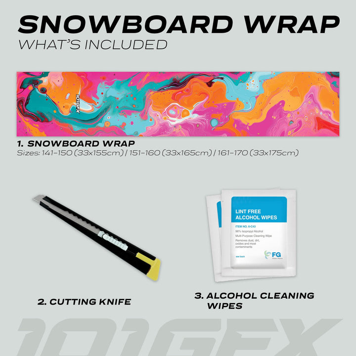 Snowboard Wrap FLUID PINKY kit includes vibrant vinyl wrap, utility knife, and cleaning wipes for personalized snowboard protection and style.