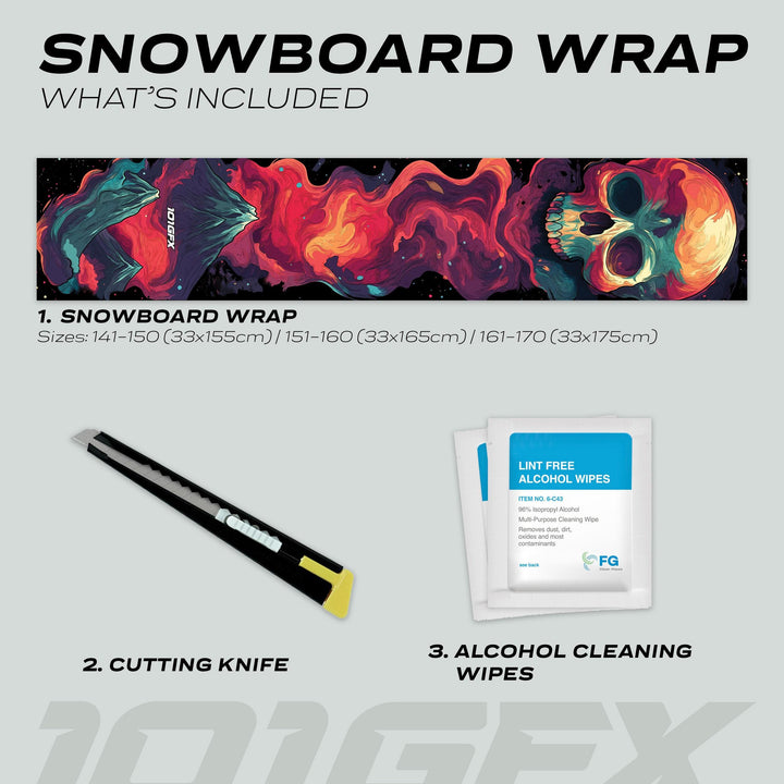Snowboard Wrap MOUNTAIN SOUL kit with colorful skull graphic wrap, utility knife, and cleaning wipes for easy application, ensuring a customized, protective snowboard upgrade.