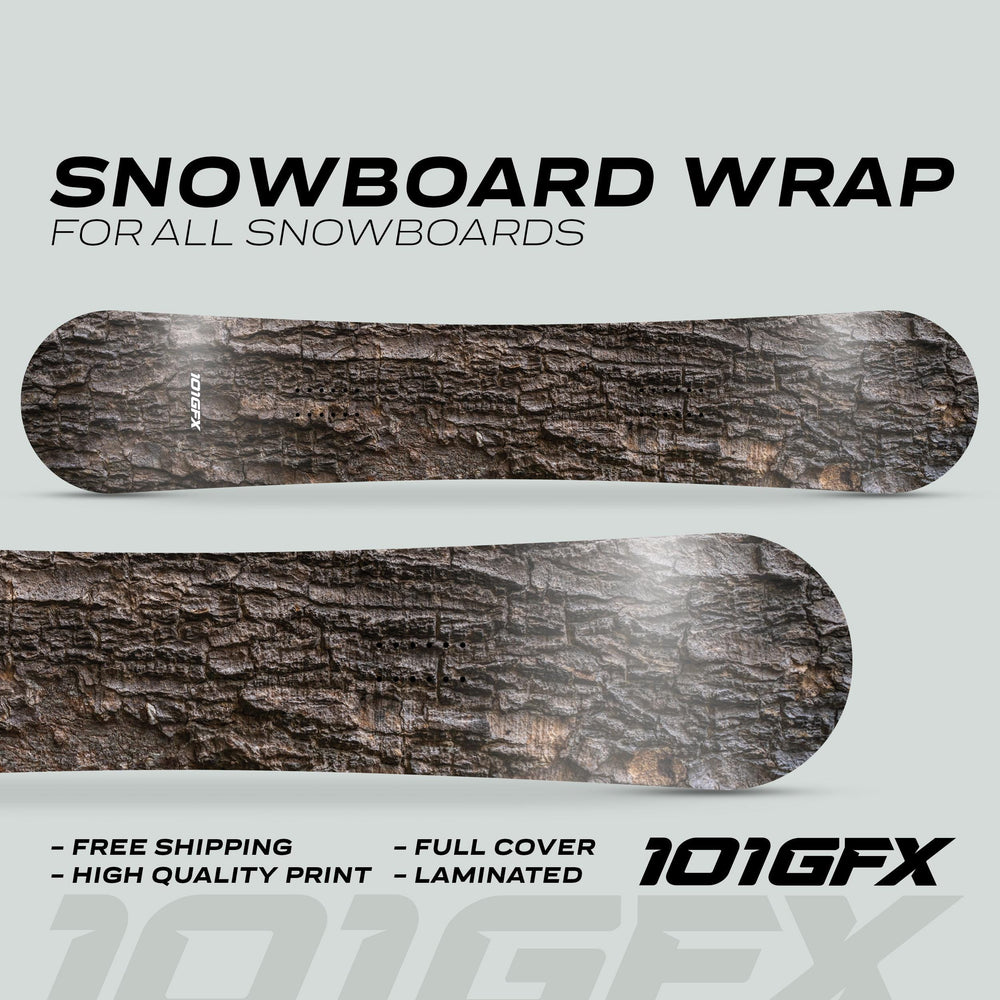 Snowboard Wrap WOOD PINE stickers showcasing bark-texture graphic on snowboard, highlighting features like full coverage, laminated finish, and durability for all snowboards.