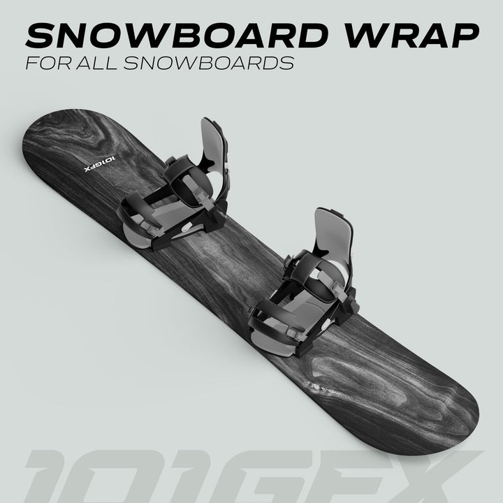 Snowboard Wrap WOOD PLANK GREY with black bindings, showcasing a top-down wood-grain vinyl finish for snowboard customization and protection. Text reads: “SNOWBOARD WRAP FOR ALL SNOWBOARDS.”